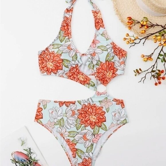 Shein Floral Flower Cutout Push up One Piece Swimsuit Bikini L - Picture 4 of 10